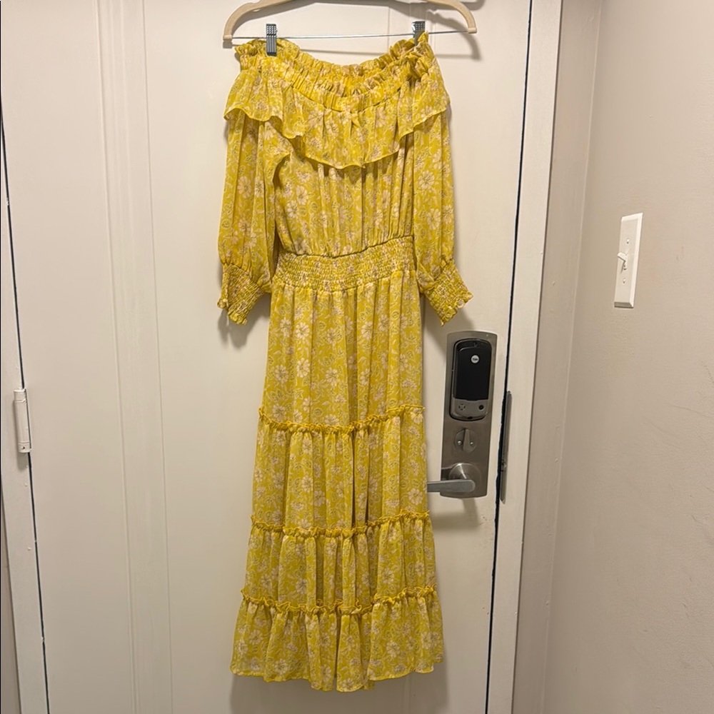 Fate Yellow Floral Off-Shoulder Ruffle Tiered Maxi Dress